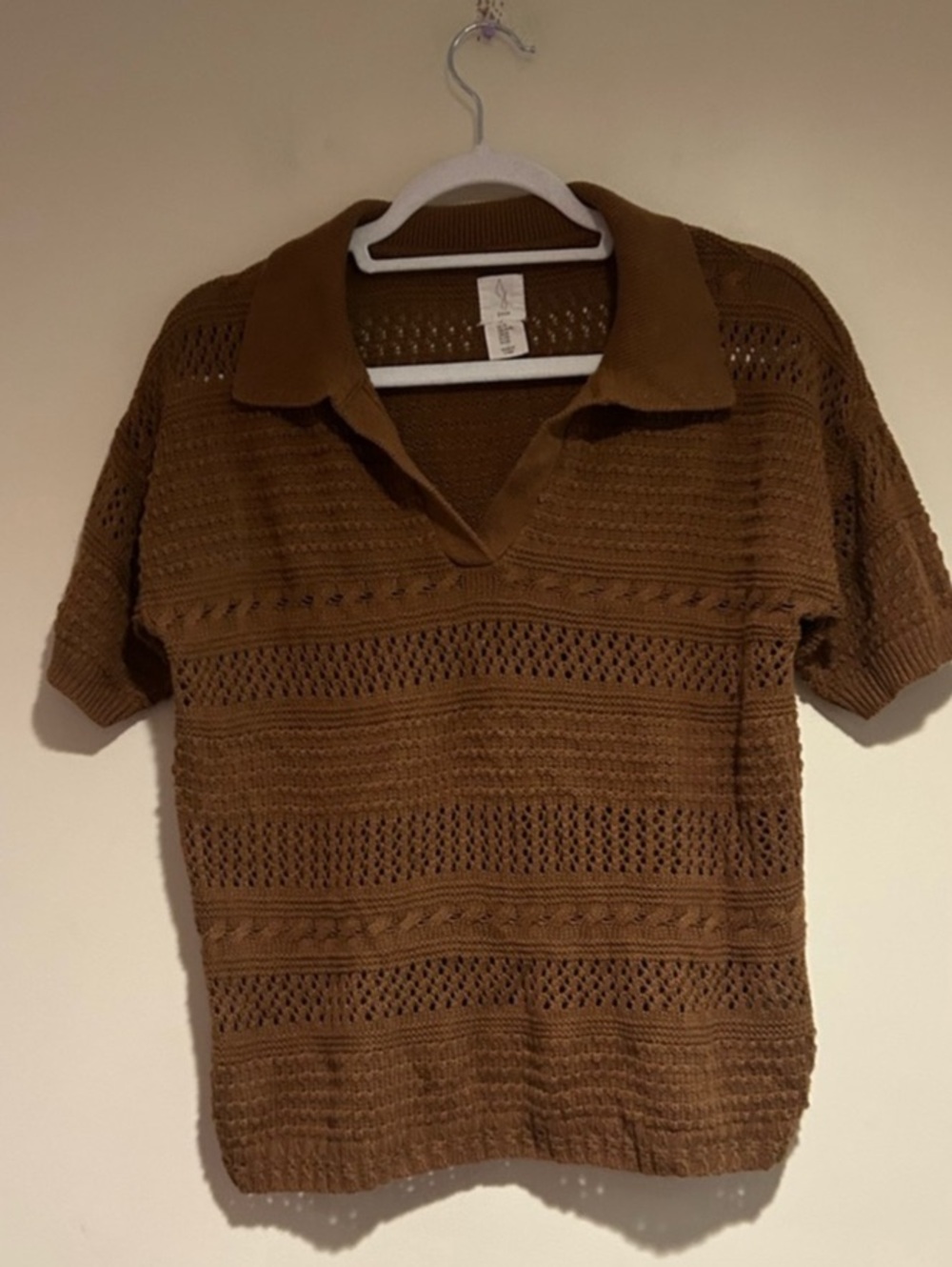 Joie Brown Crochet Polo Style Top Sz Med